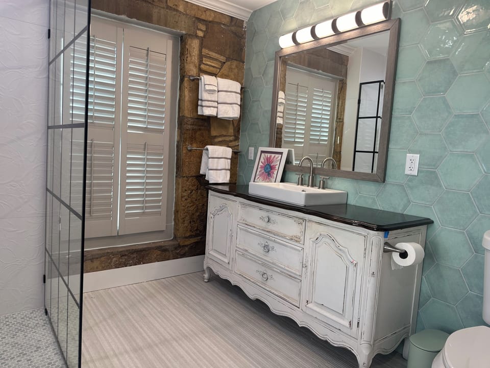 Decorative tile bathroom #4  with original art and walk in shower