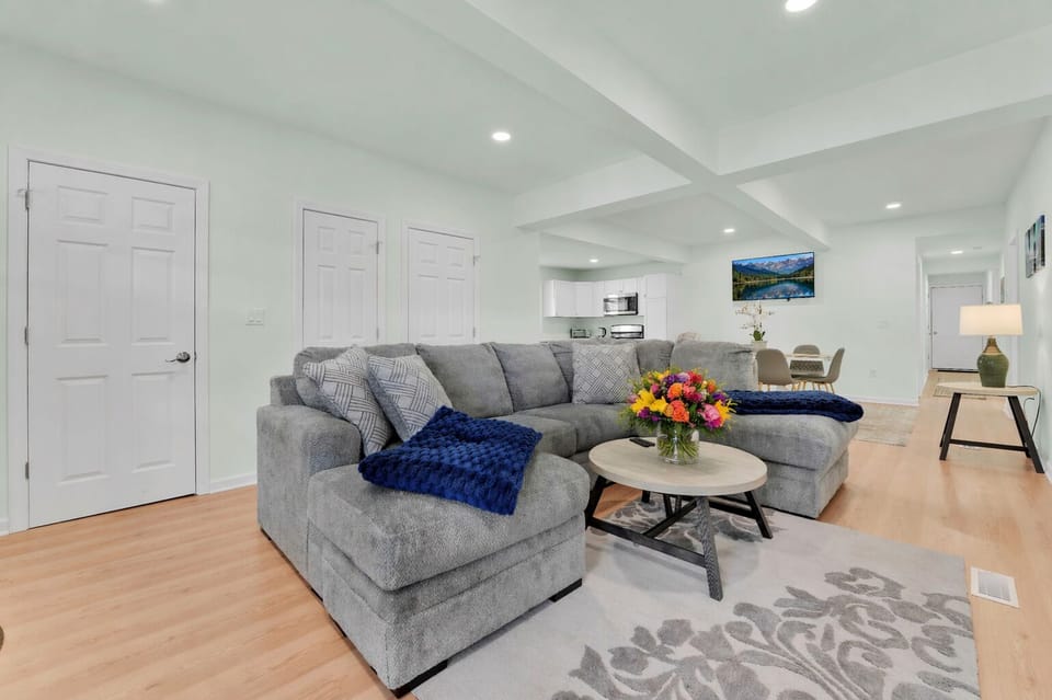 Spacious Living room. Plush couch can also serve as an additional sleeping space