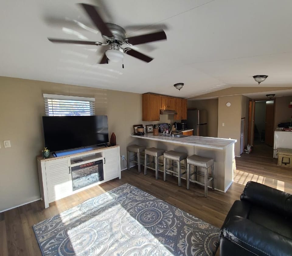 Living room with an electric fireplace & 55 inch smart tv