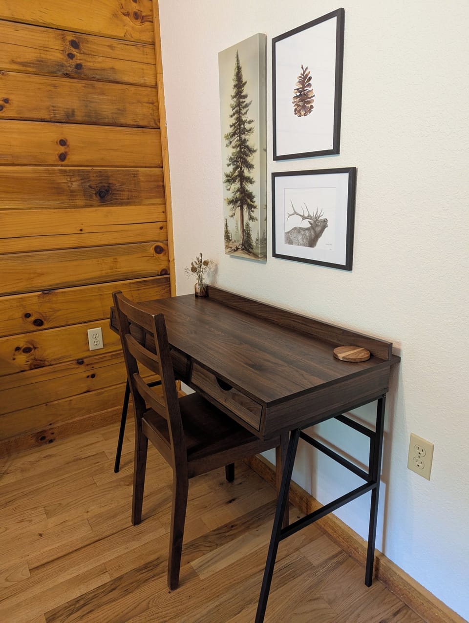Dedicated space for remote work. Includes a desk and chair