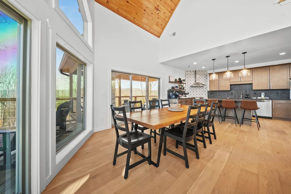 Large dining table with seating for 8-9