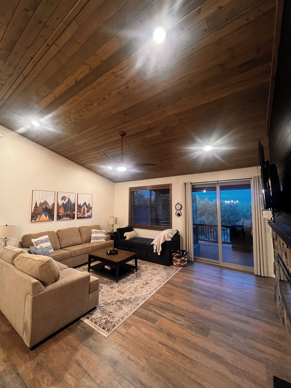 Living room with queen size futon, smart tv and electric fireplace