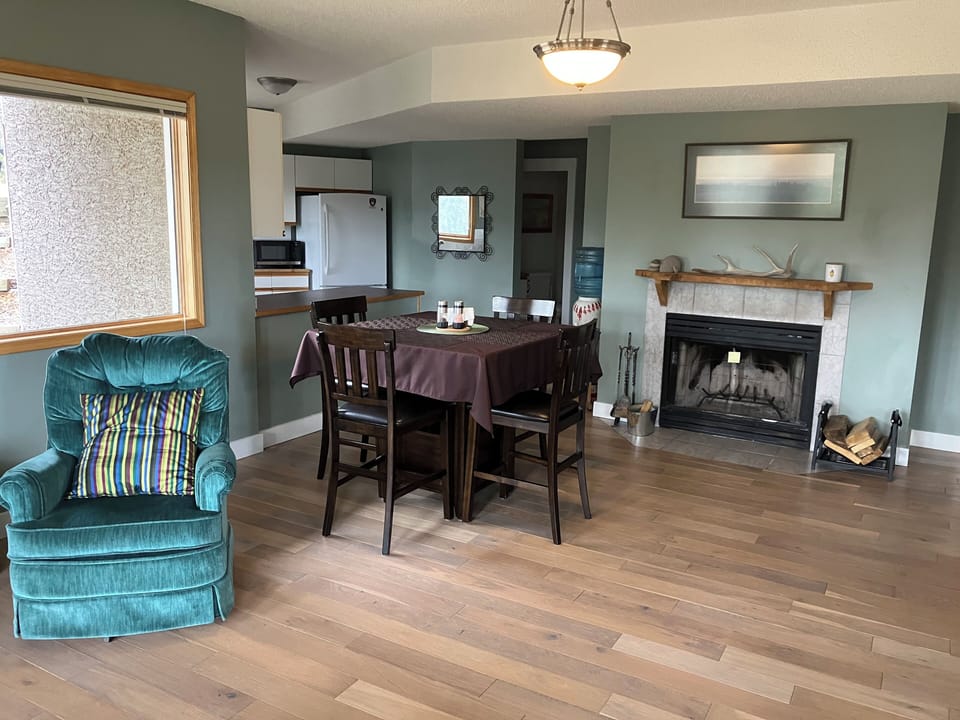 Dining area with wood fireplace
