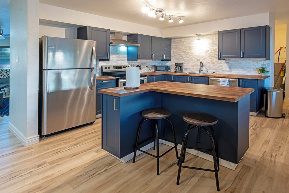 Full kitchen with coffee maker, dishwasher, pots & pans for cooking..