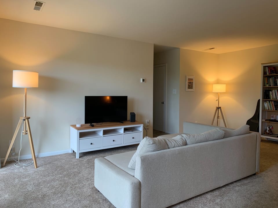Living room includes sofa bed, flat screen TV, and plenty of books. 