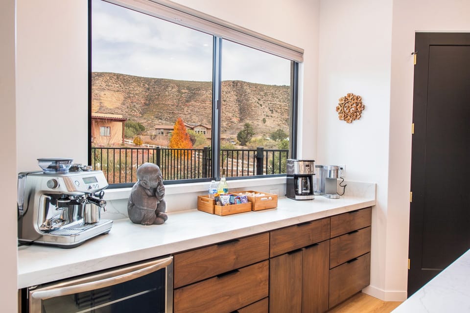 Coffee Bar with cappuccino maker, Keurig and  Drip Coffee maker.