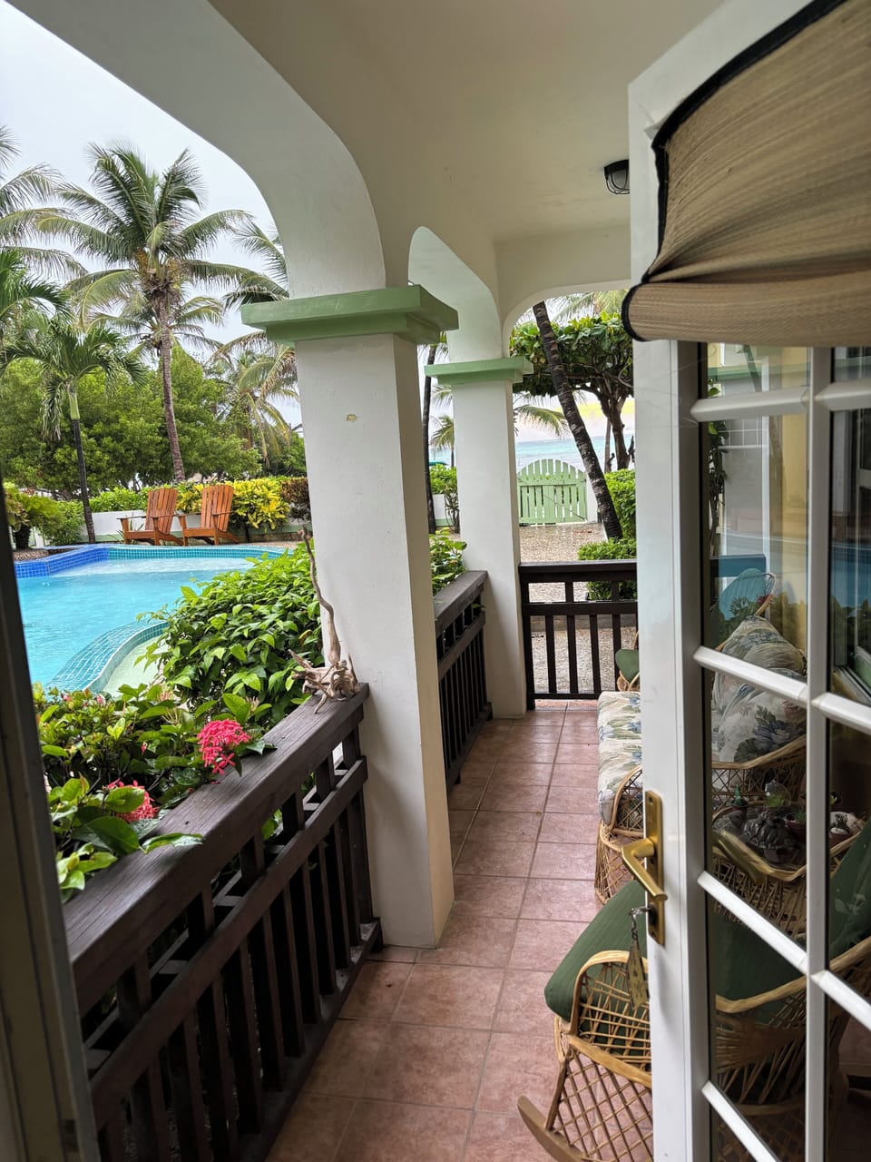 Patio overlooking the pool. 