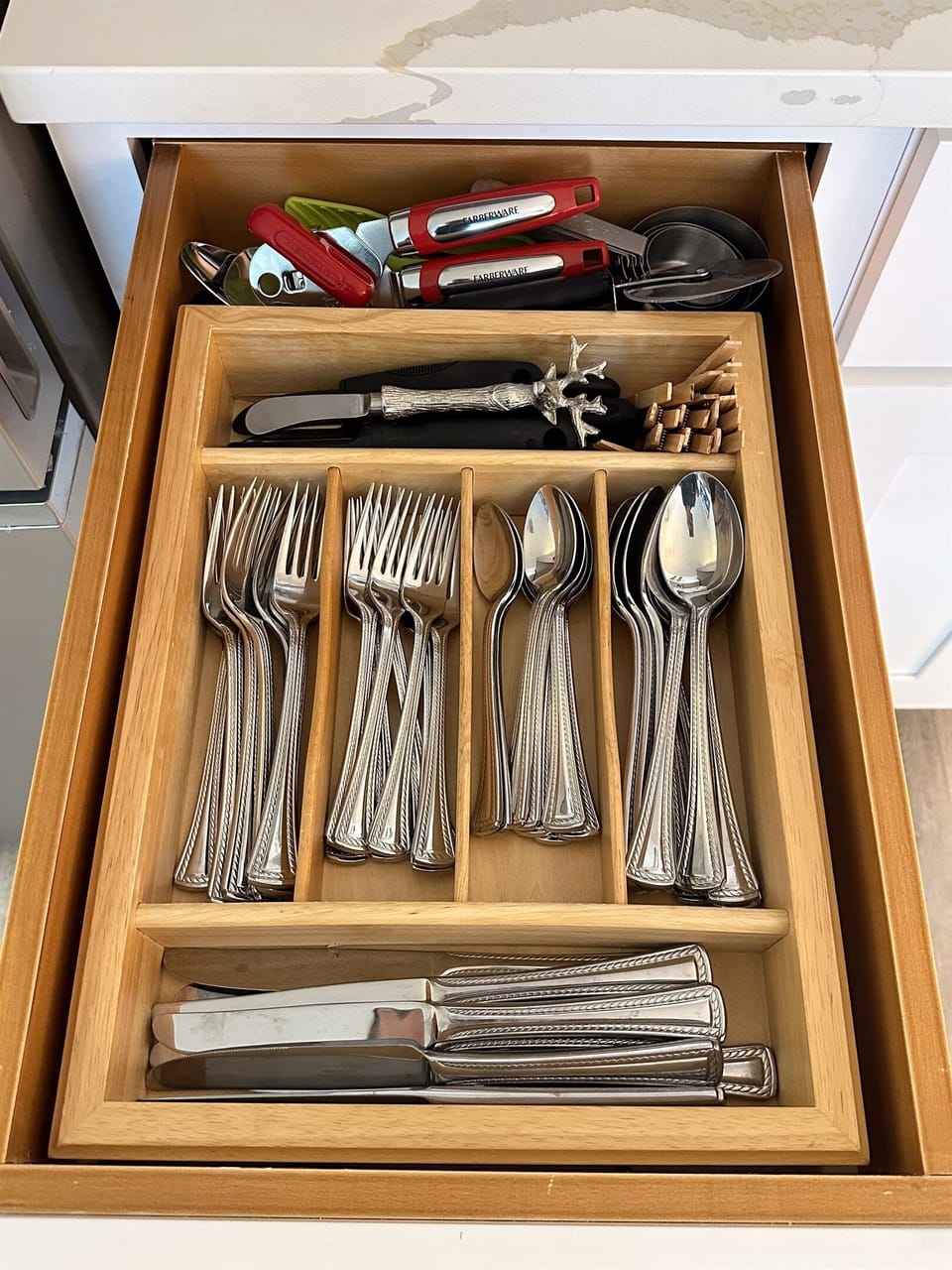 Plenty of silverware makes eating at "home" easy.