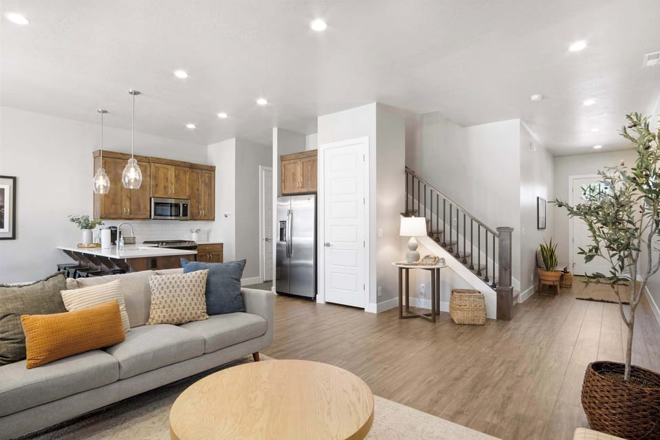 Living, dining, and kitchen area