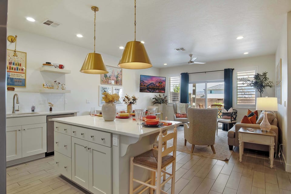 Living, dining, and kitchen area