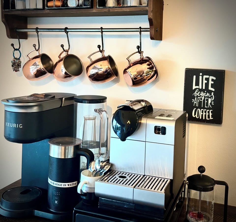 Nespresso machine, Keurig, hot water kettle, French press, milk frother