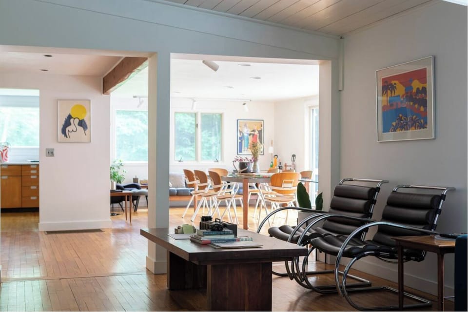 View from the living room of the kitchen and dining room