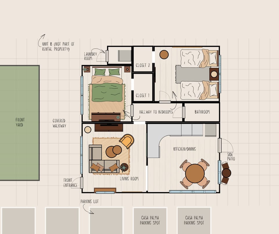 A rough layout of all the areas of the property guests can access, including parking and laundry. 