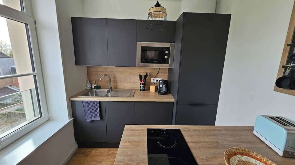 Cuisine, ouverte sur le salon, équipée avec un petit réfrigérateur derrière une porte de placard, un four de l'autre côté du plan de travail, un lave-vaisselle, un micro-ondes et une machine à café. 