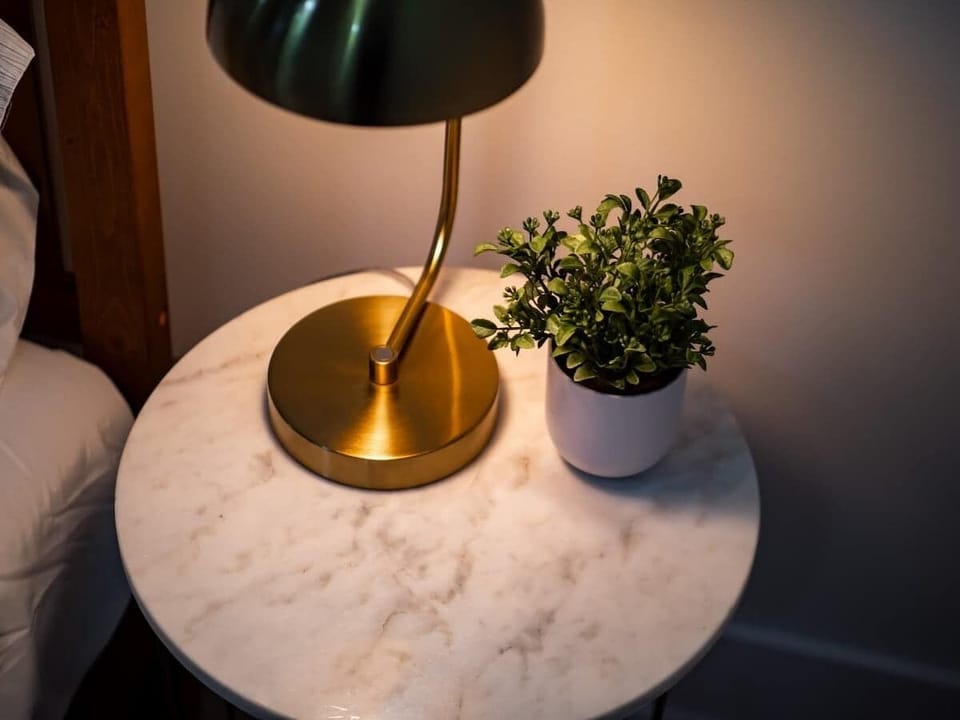 Close-up bedside table w/ lamp & plant for a warm touch