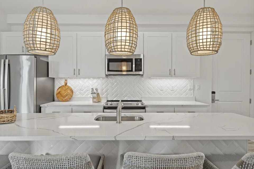 Spacious kitchen island perfect for food preparation.