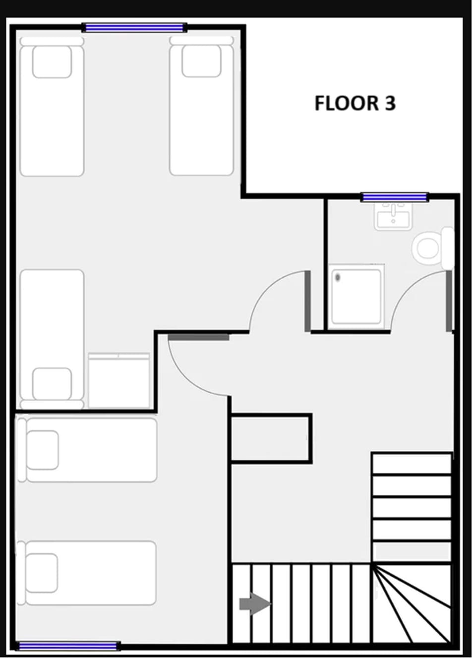 Floor plan of the third floor with two bedrooms and a bathroom.
