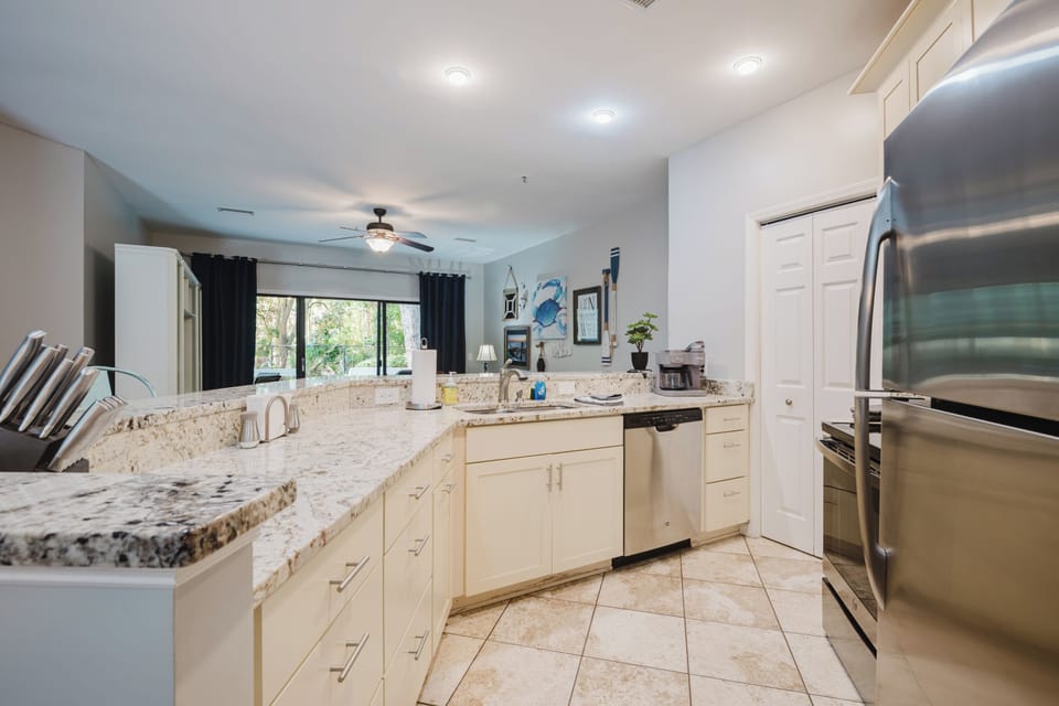 Your fully equipped kitchen with dishes, pots & pans, spices & cooking oils.