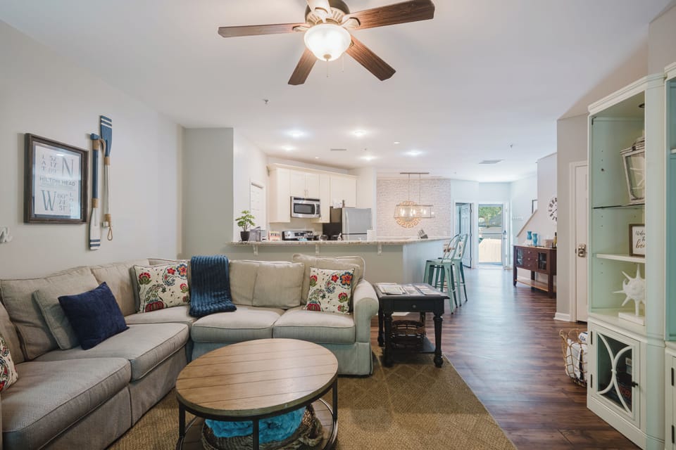Full view of the living area, kitchen and dining.