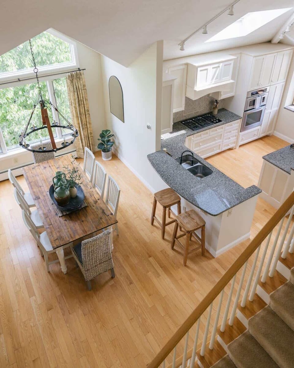 Kitchen and dining area view from loft.