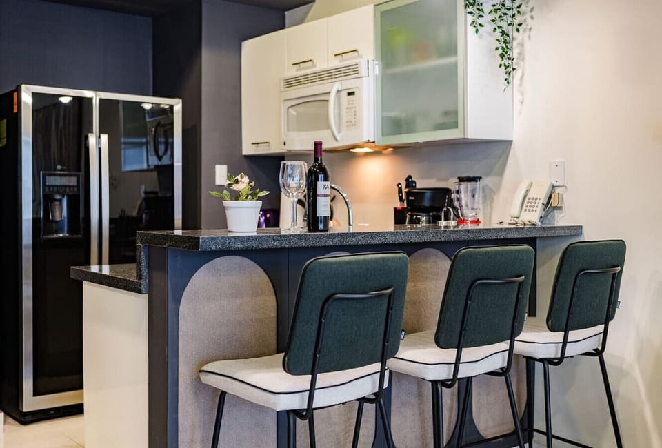 Stylish dining area perfect for meals or work sessions.