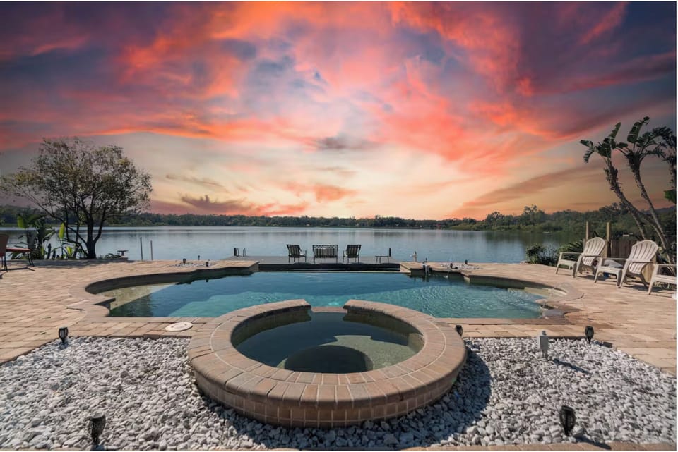 Sunset view of backyard