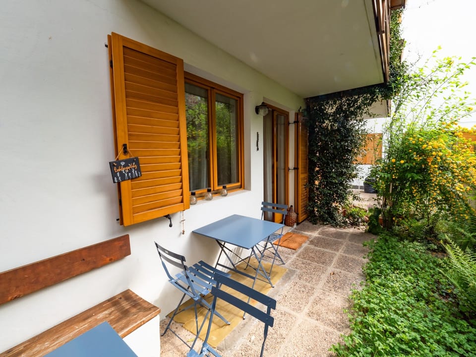 A large terrace with a mountain view