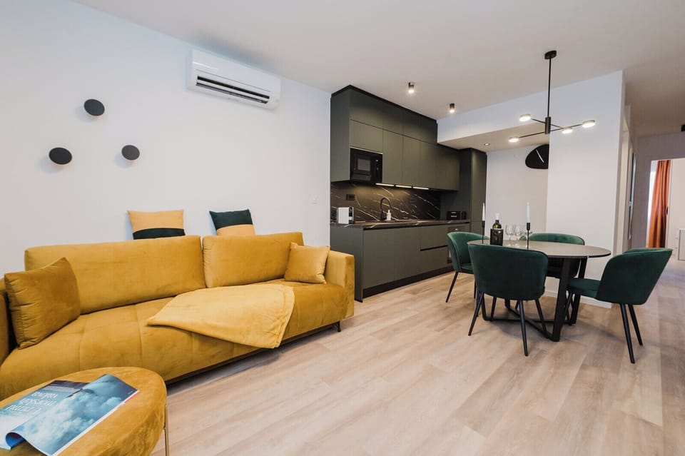 Comfortable living room with sofa bed for one guest.