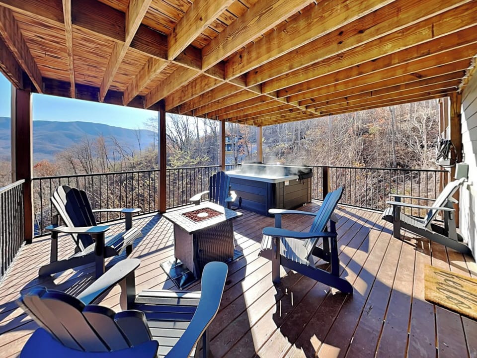 Baclony with Fire Pit, Hot Tub and Amazing Smoky Mountain Views off the Family Room on the First Floor