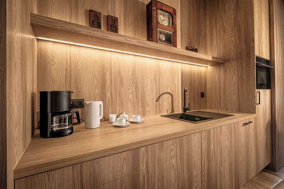 Kitchen with oven/microwave and all utensils 