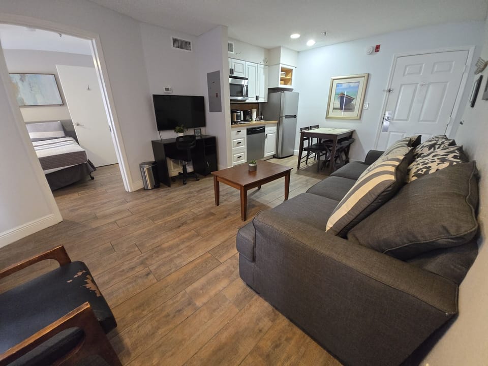 Cozy sofa bed and a new smart TV with all your favorite streaming apps.