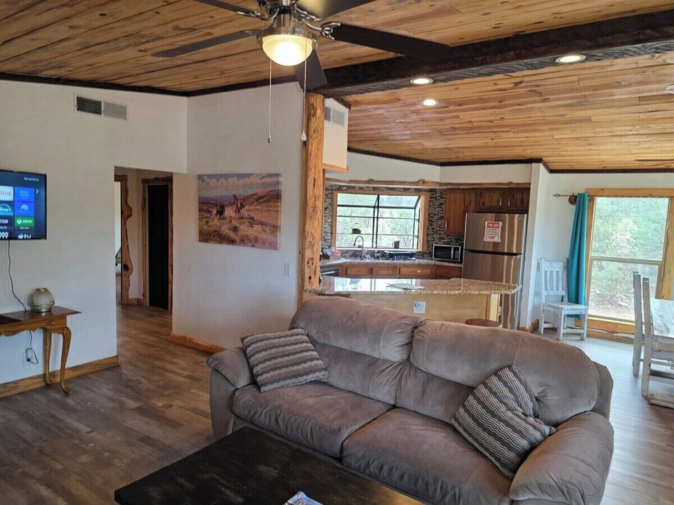 The wood stove keeps the cabin cozy.