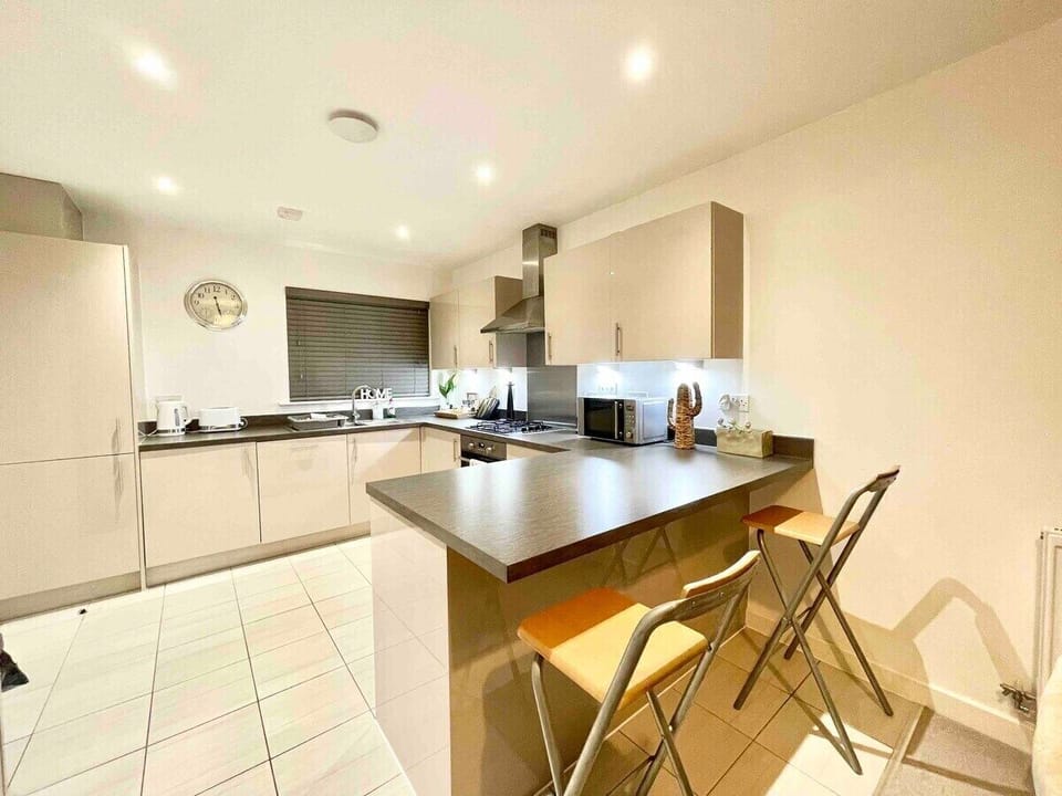 Spacious kitchen with seating. 