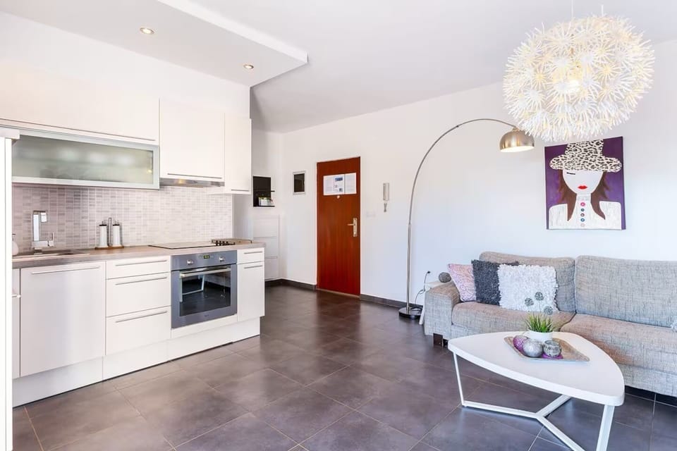 Open-plan layout with cozy sofa, cable TV, and a fully equipped kitchen.