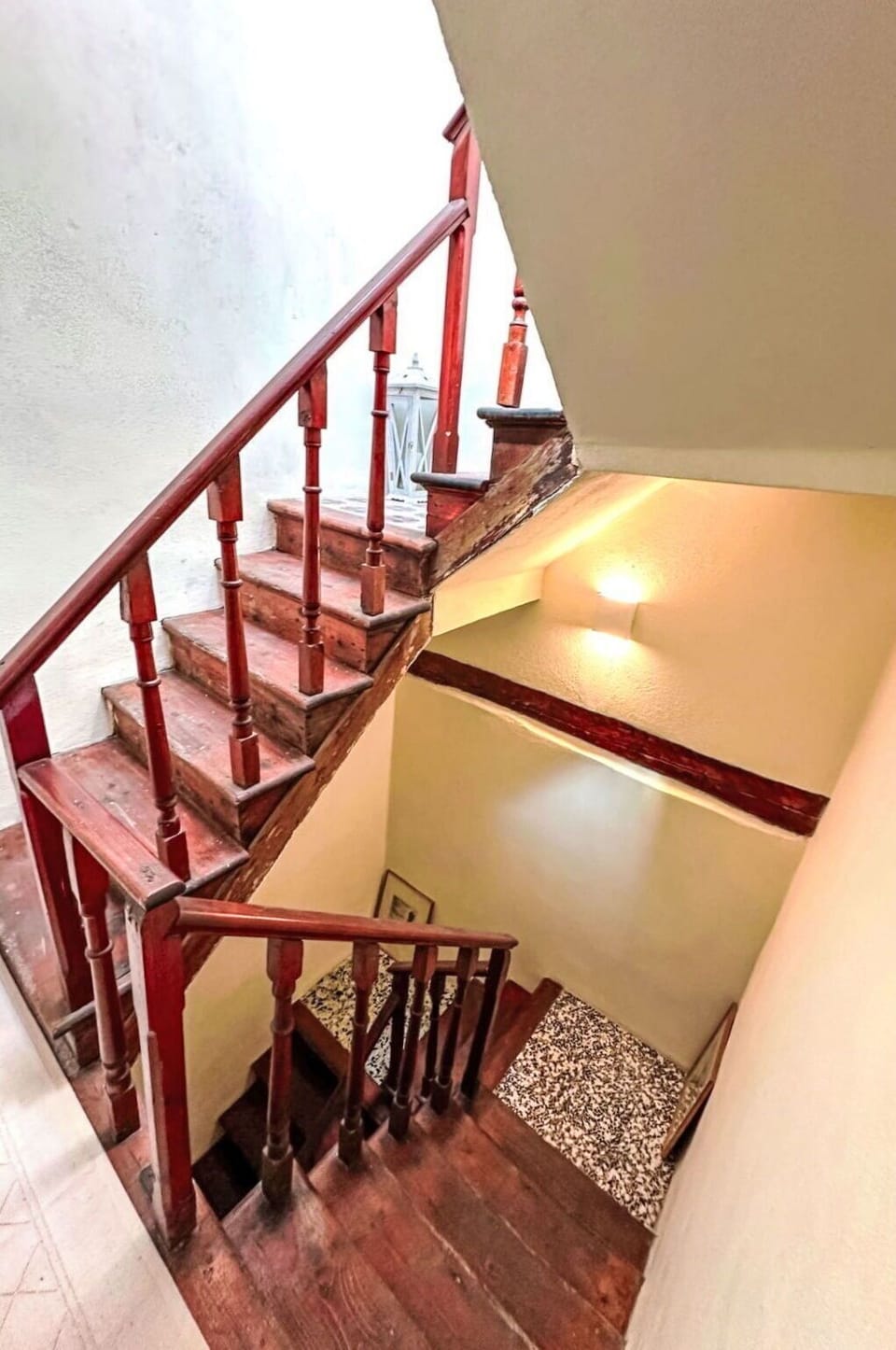 Stairs, Red, Wood, Handrail, Flooring, Floor, Interior Design, Baluster, Wood Stain, Door