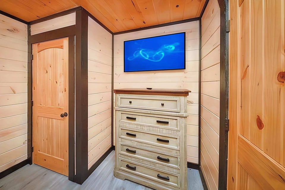 Ample storage and entertainment in the bunk room 