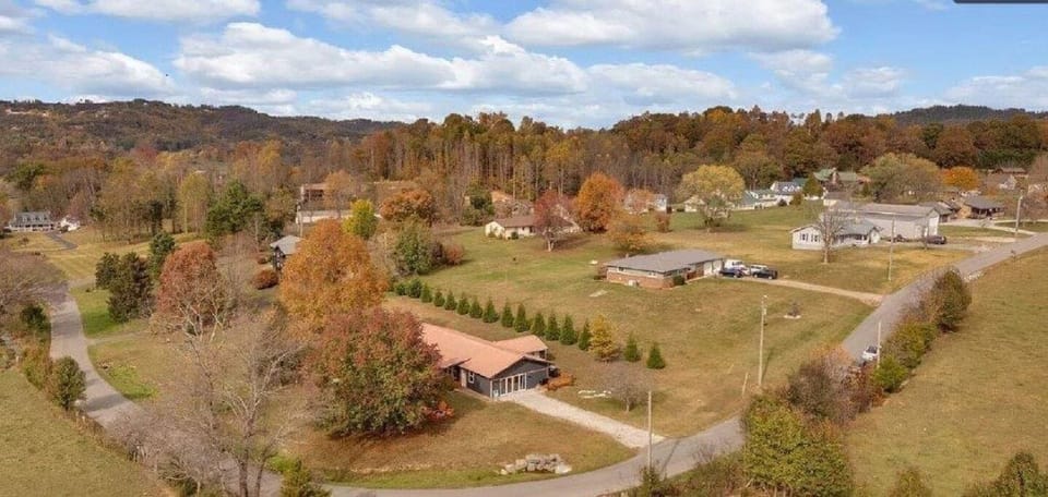Birdseye view of neighborhood and property driveway and pine trees line