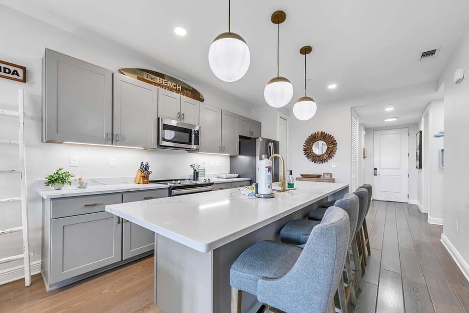 The kitchen island has ample seating