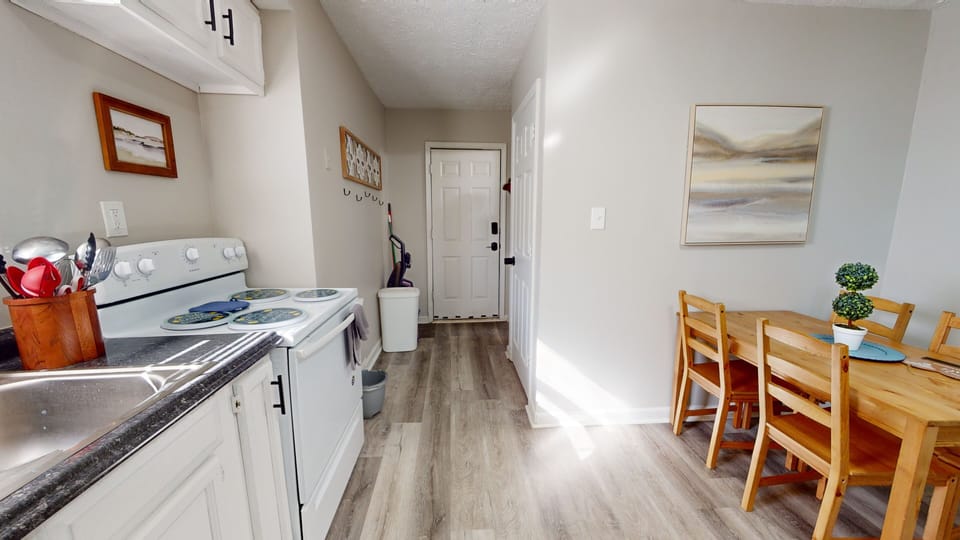 - Fully stocked kitchen
- Coffee bar w/ drip coffee machine
- Tea kettle
