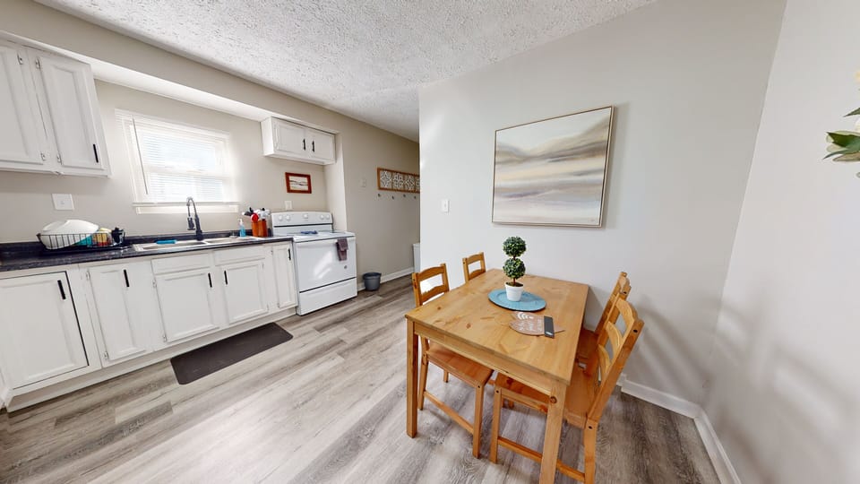 - Fully stocked kitchen
- Coffee bar w/ drip coffee machine
- Tea kettle