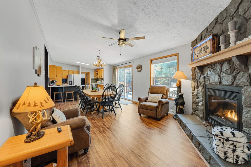 Beautiful Open Concept Dining Room with Fireplace