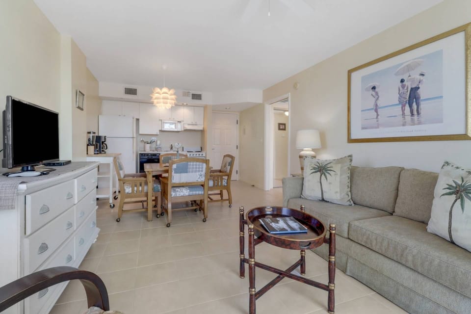 The main living area is an open space and includes a dining area and efficiency kitchen.