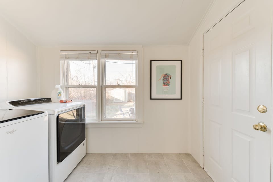 Laundry room w/ washer, dryer, detergent & dryer sheets - just off kitchen