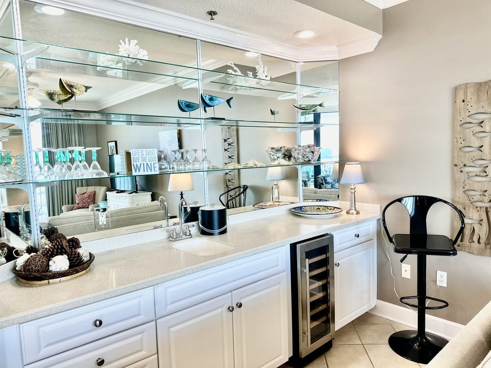 Huge wet bar with a wine fridge!