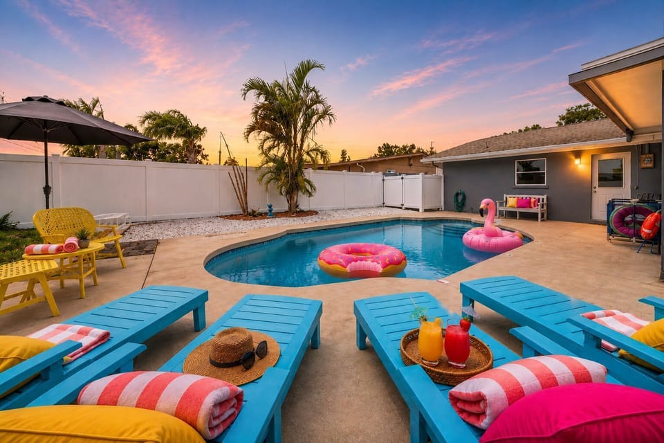 Stunning sunsets from your private pool oasis, perfect for family fun and relaxation. #BradentonStay #FamilyVacationHome #FloridaPoolRental