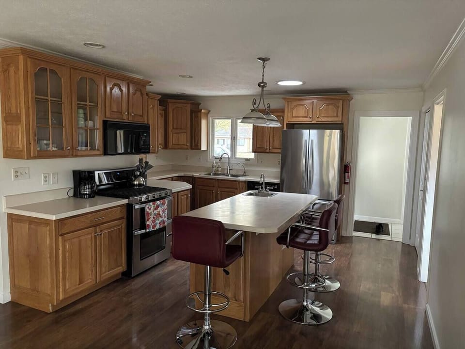 Gas stove with double ovens. 