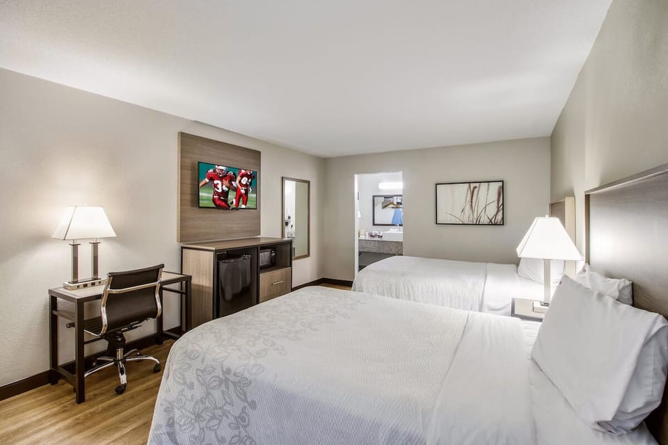 Kick back with in-room entertainment and an easy work setup.