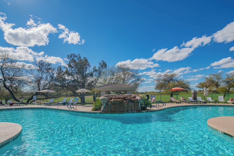 Resort pool with waterfall, heated, salt water 
