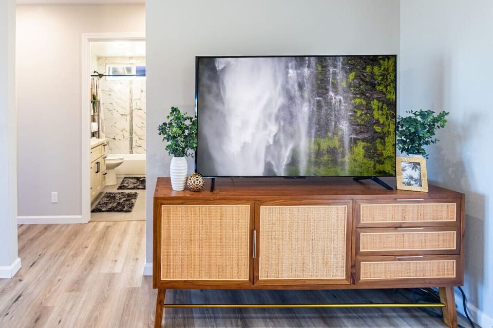 Cozy living room with a TV and stylish decor.