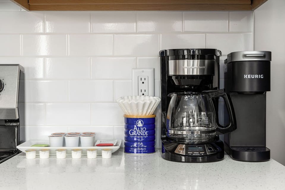 We try to think of everything you might need, including 3 types of coffee makers (drip, Keurig, and French press)...and even provide a starter supply of tea and Alto Grande Coffee (a favorite we brought back from a recent trip to Puerto Rico).